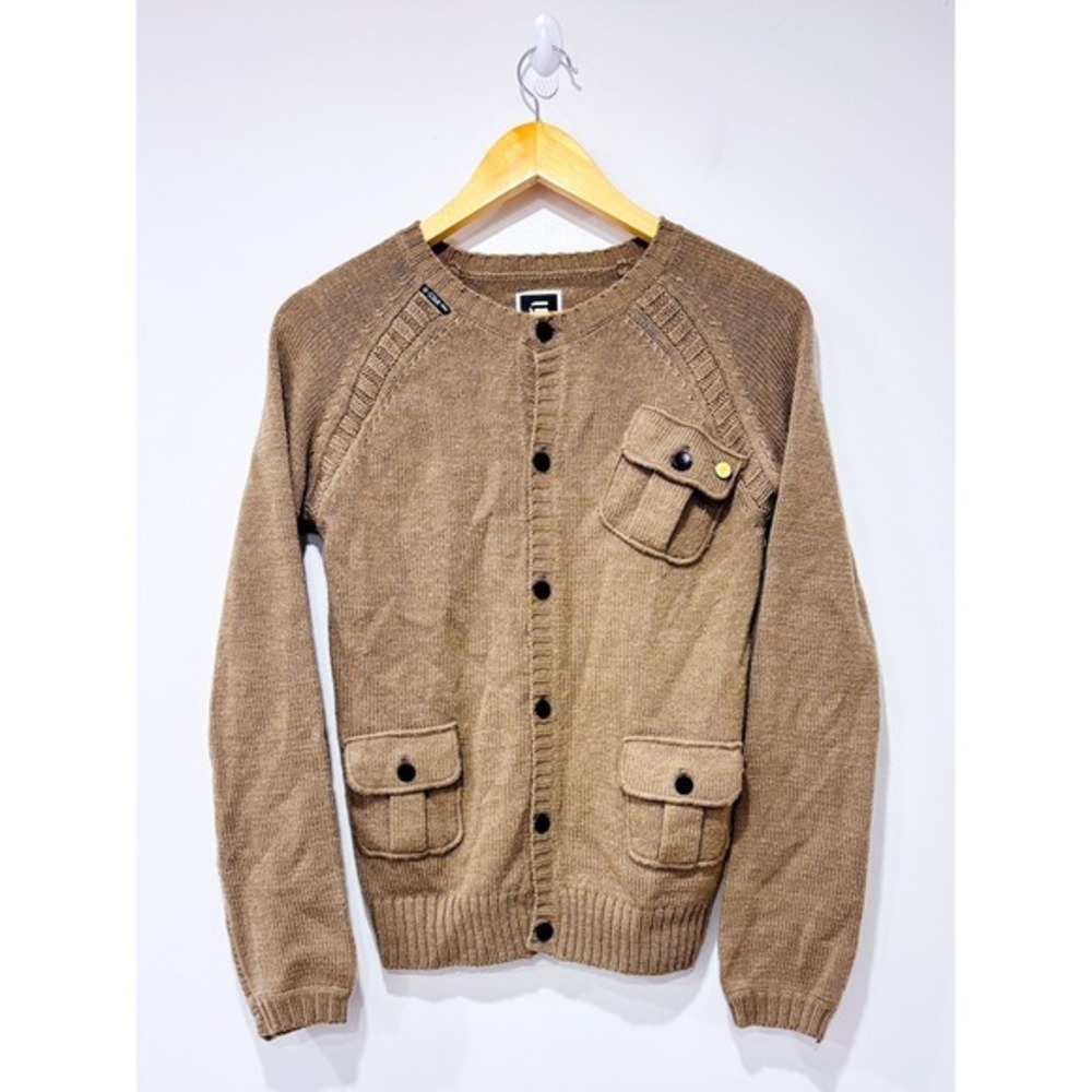 G-STAR Taupe Wool Blend Knit Button Front Utility Pocket Cardigan Medium